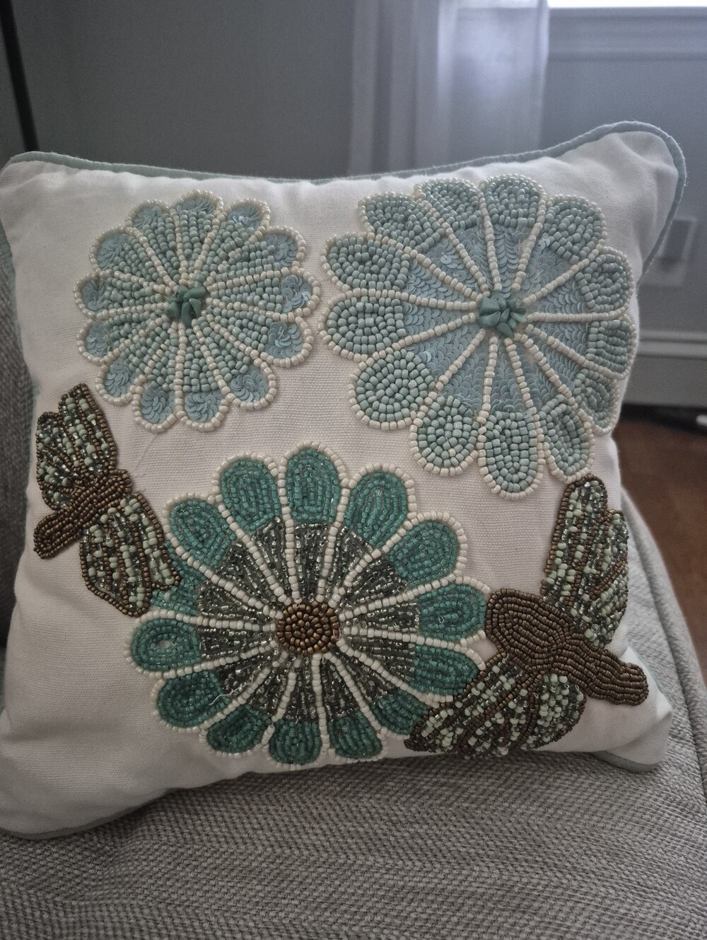 Pier1 Imports Embroidered Beaded Floral Accent Pillow in Teal and White